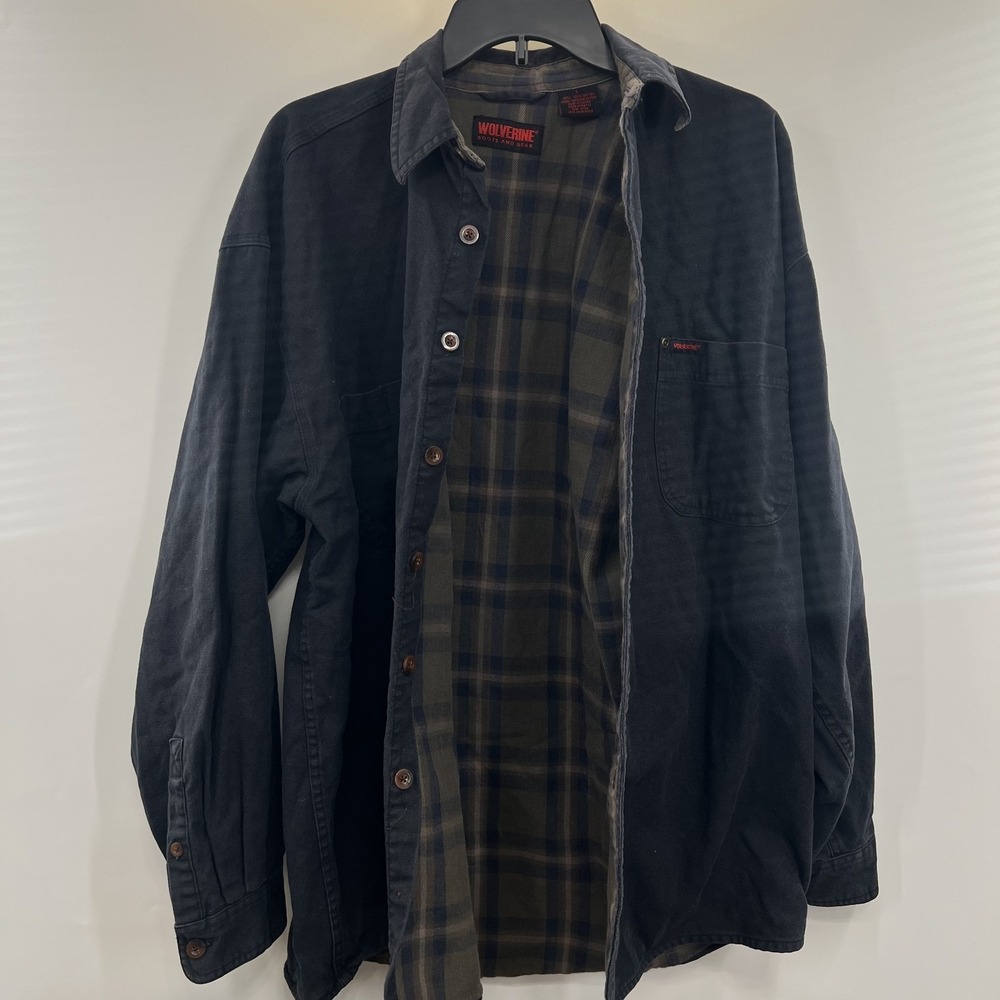 Wolverine Flannel Lined Canvas Shirt Mens Large Utility Workwear LS Black EUC